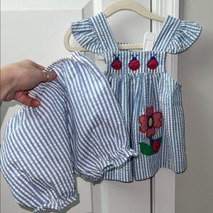 VINTAGE 90s Blue Striped Baby Dress & Bloomers - Floral Embroidery, Lady Bug